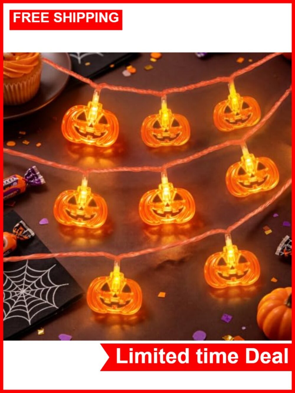 16FT Halloween String Lights - 50 LED Pumpkin Battery Operated, 8 Modes with